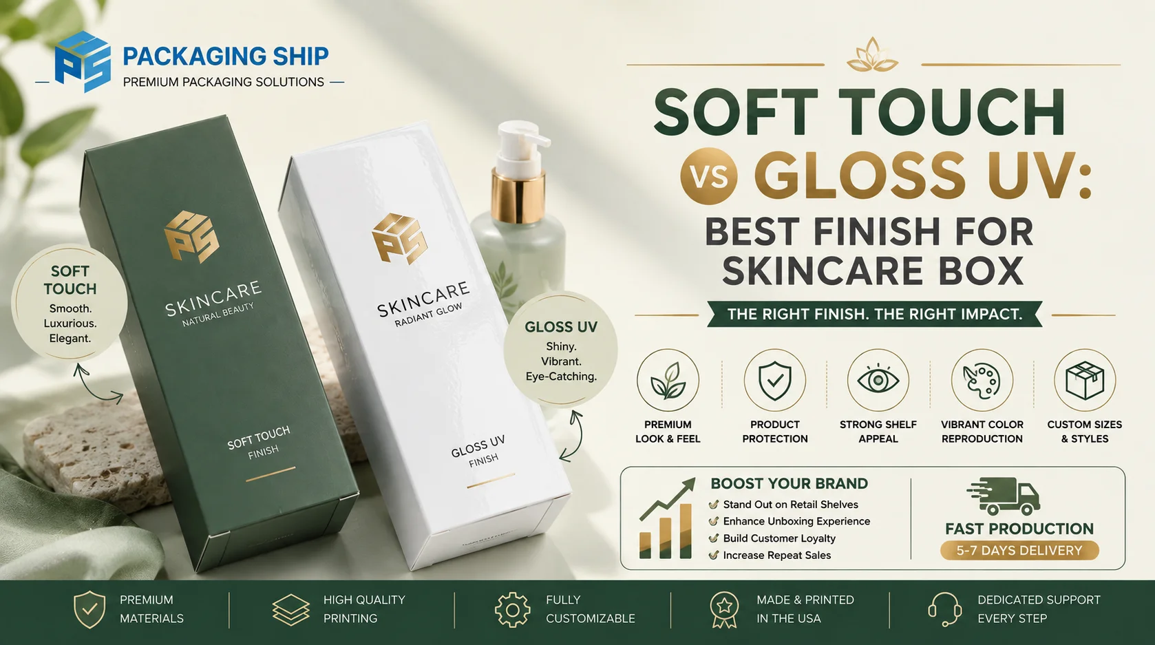 Soft Touch vs Gloss UV Best Finish for Skincare Box